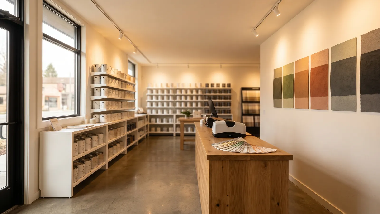Inside a premium paint store with color displays and service counter