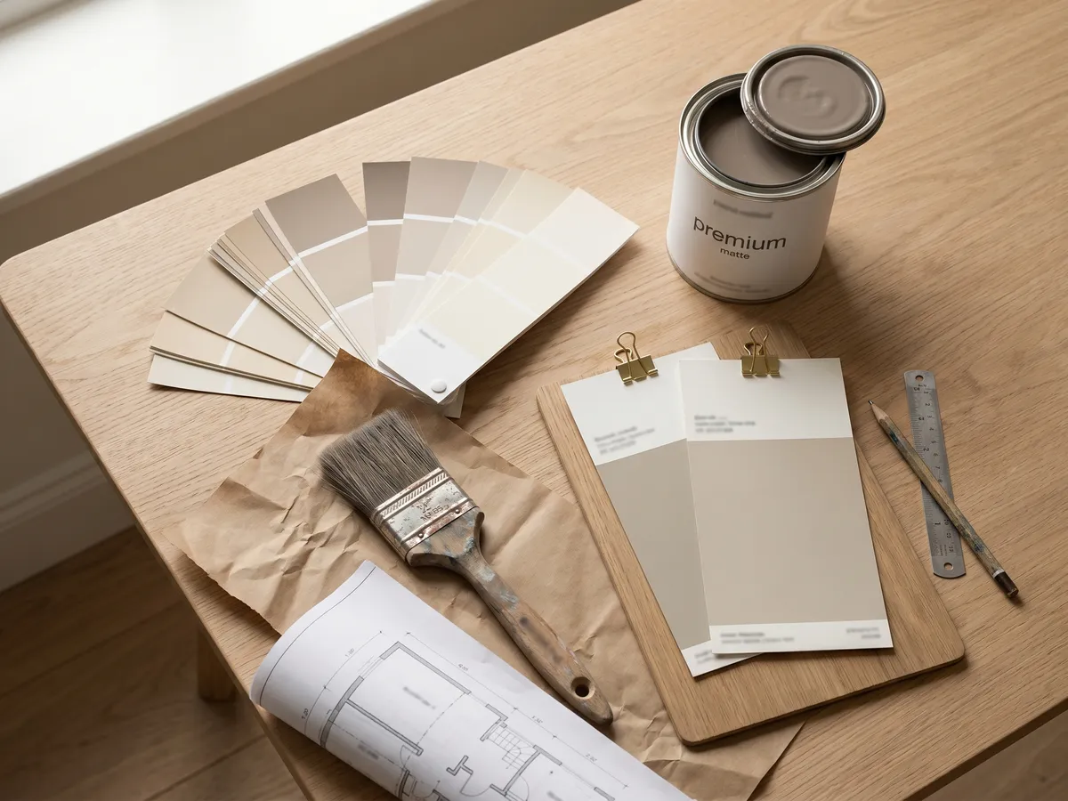 Paint supplies, color fan decks, and architectural plans arranged on a work surface
